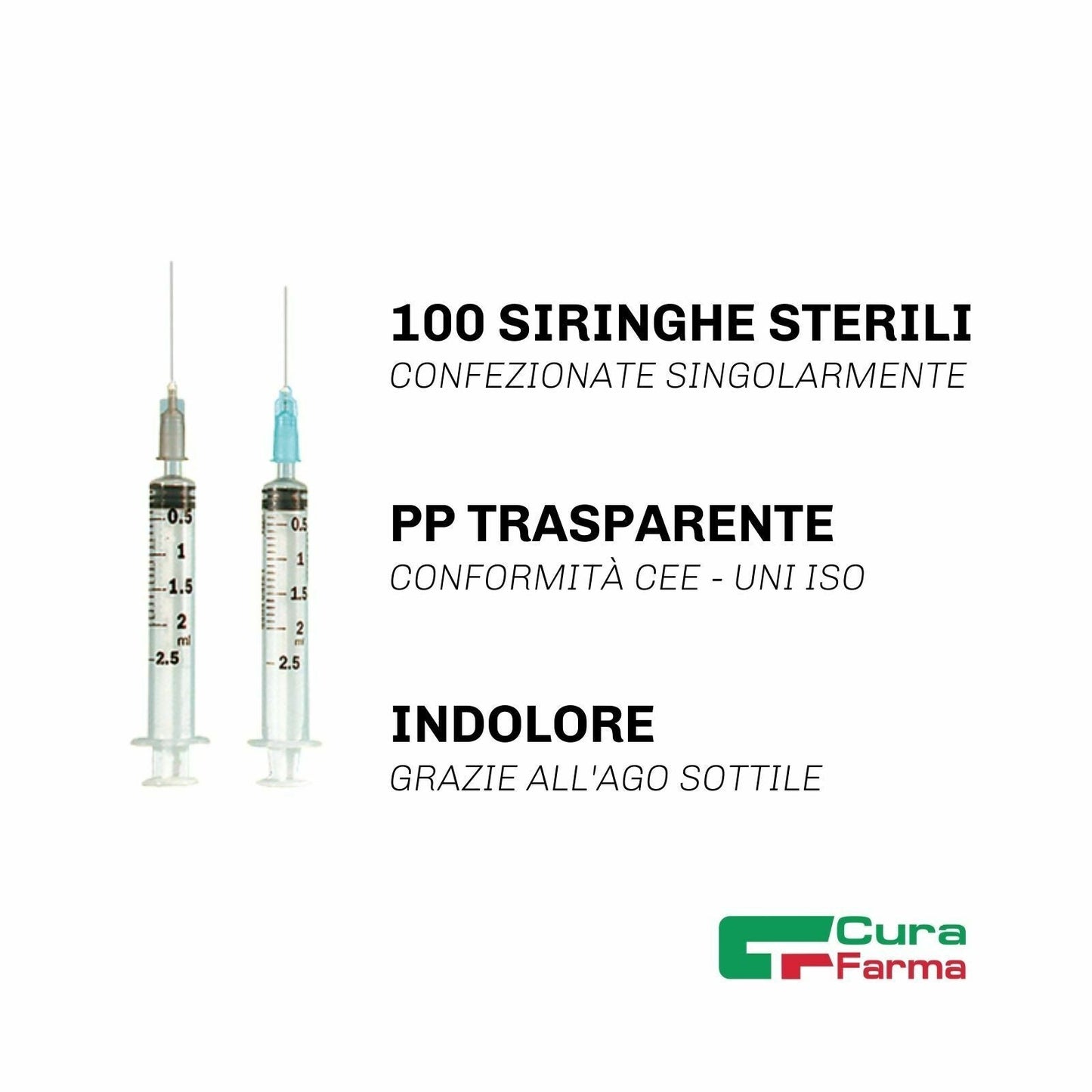 Siringa STERILE 2.5 ML Monouso 100 Siringhe INDOLORE attacco LUER con AGO