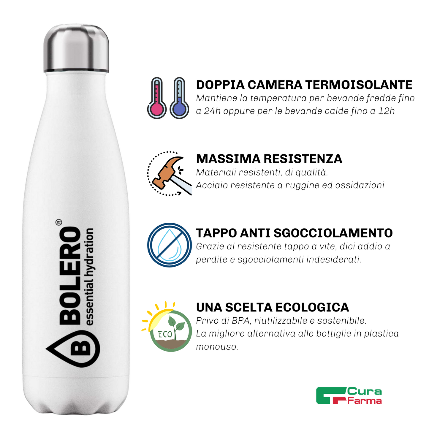 BOLERO Drinks Borraccia TERMICA Bianca Logo BLACK 500ML Doppia Camera INOX