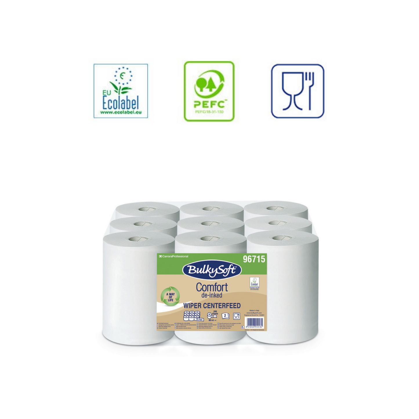 Asciugamano Monouso Comfort 9 Rotoli ad Estrazione Interna Carta De-Inchiostrata Bianca 60 m