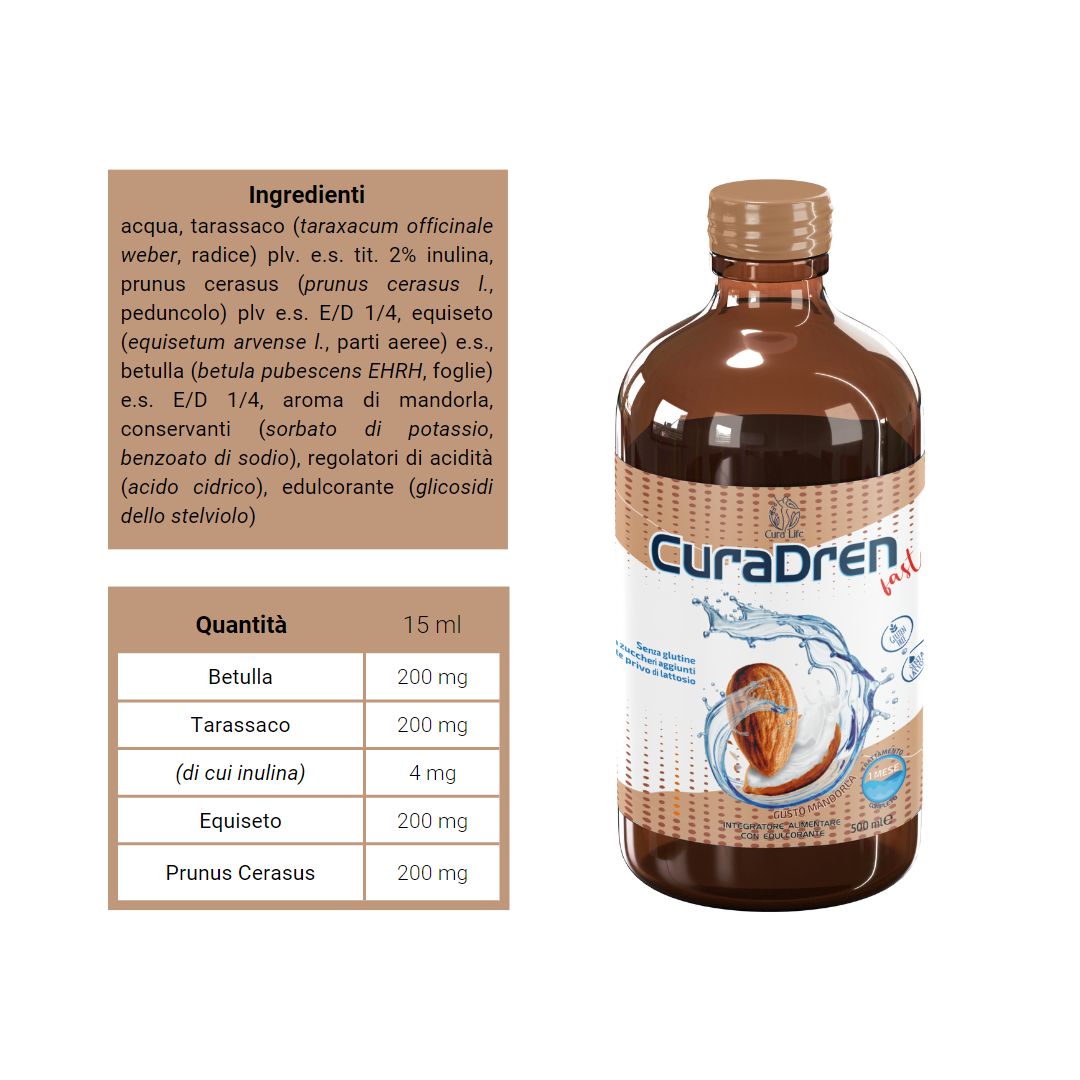 CuraDren Fast 500ml Trattamento Drenante Depurativo Completo. Sciroppo Antitossine Snellente. Gusto Mandorla