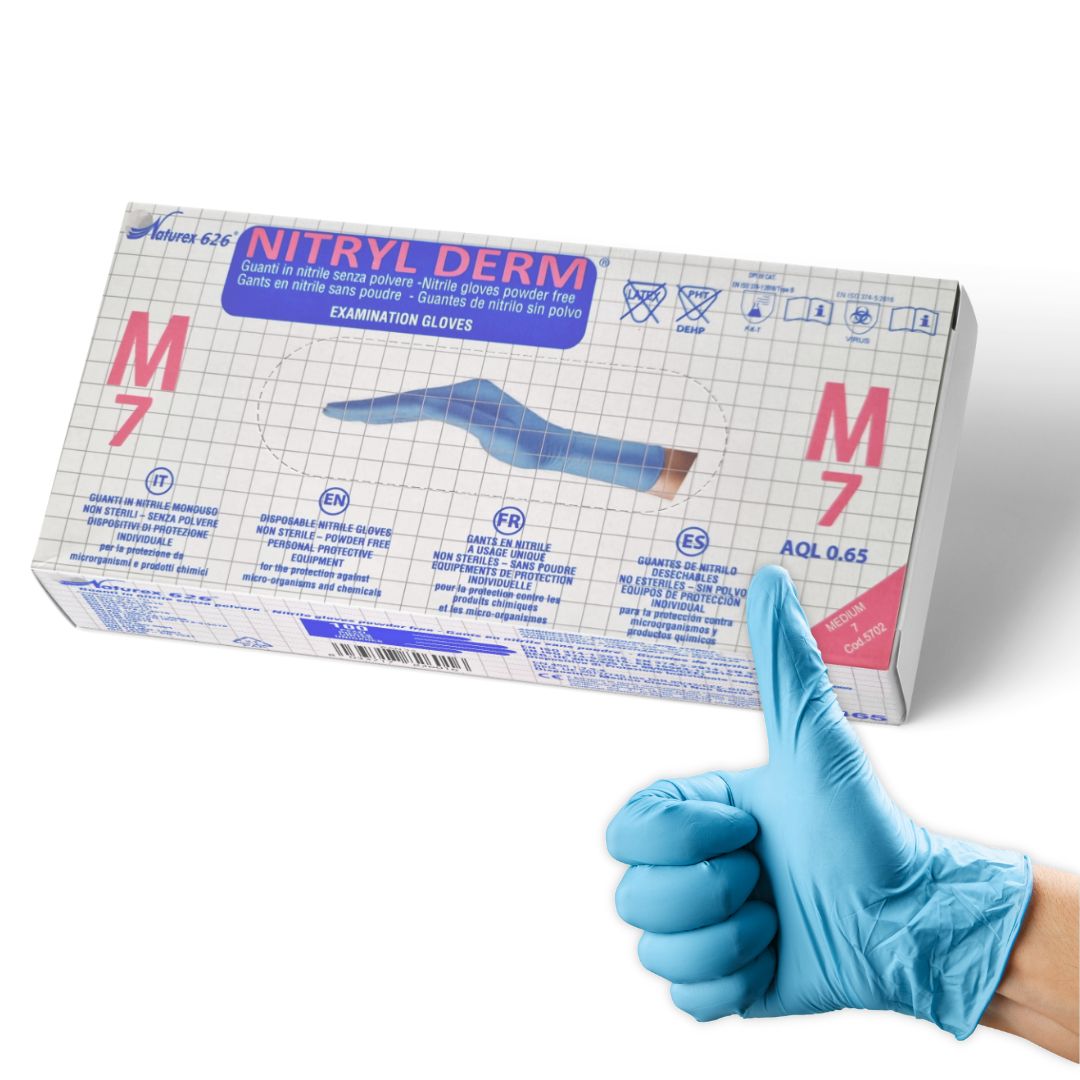 Guanti in Nitrile Blu Monouso da Lavoro Medici. Privi di Lattice e Polvere Talco. Confezione 100 pz Taglie S - M - L