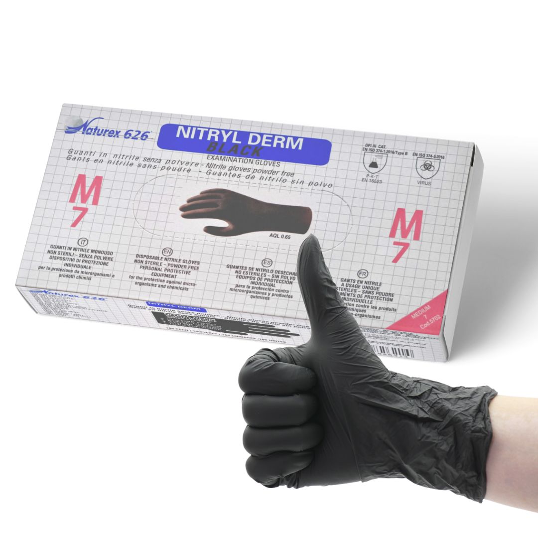 Guanti in Nitrile Nero Monouso da Lavoro Tattoo Estetica. Privi di Lattice e Polvere Talco. Confezione 100 pz Taglie S - M - L