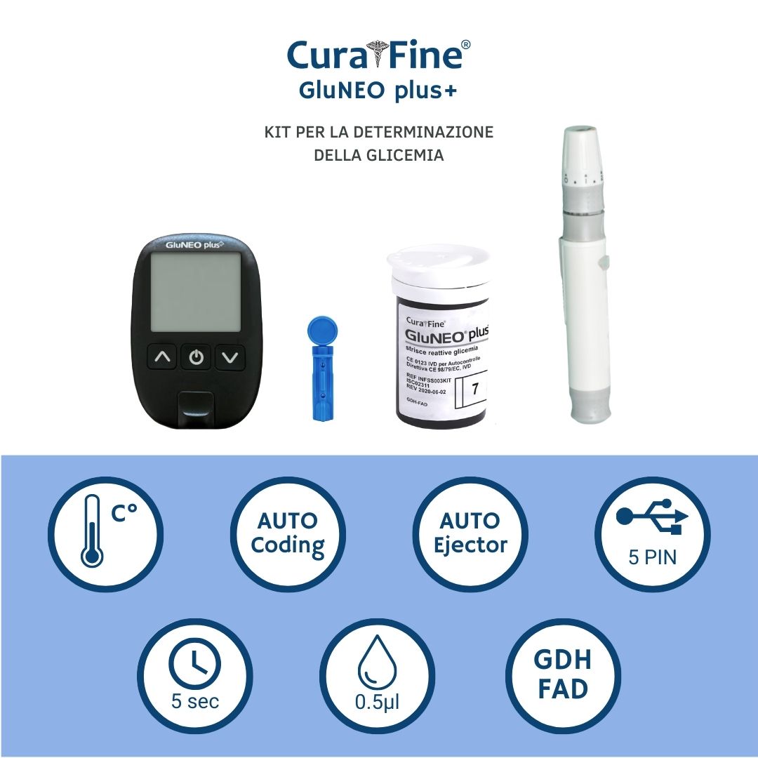 GluNeo+ Glicemia COMPLETO Glucometro TEST GLUCOSIO Pungidita Striscette Reattive