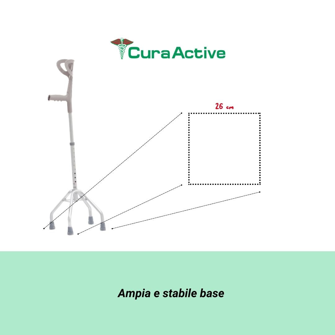 CuraWalk Quadripode Appoggio Brachiale Ausilio Passeggio per Anziani. Piedi Antiscivolo Presa Ergonomica. Solido e Leggero.