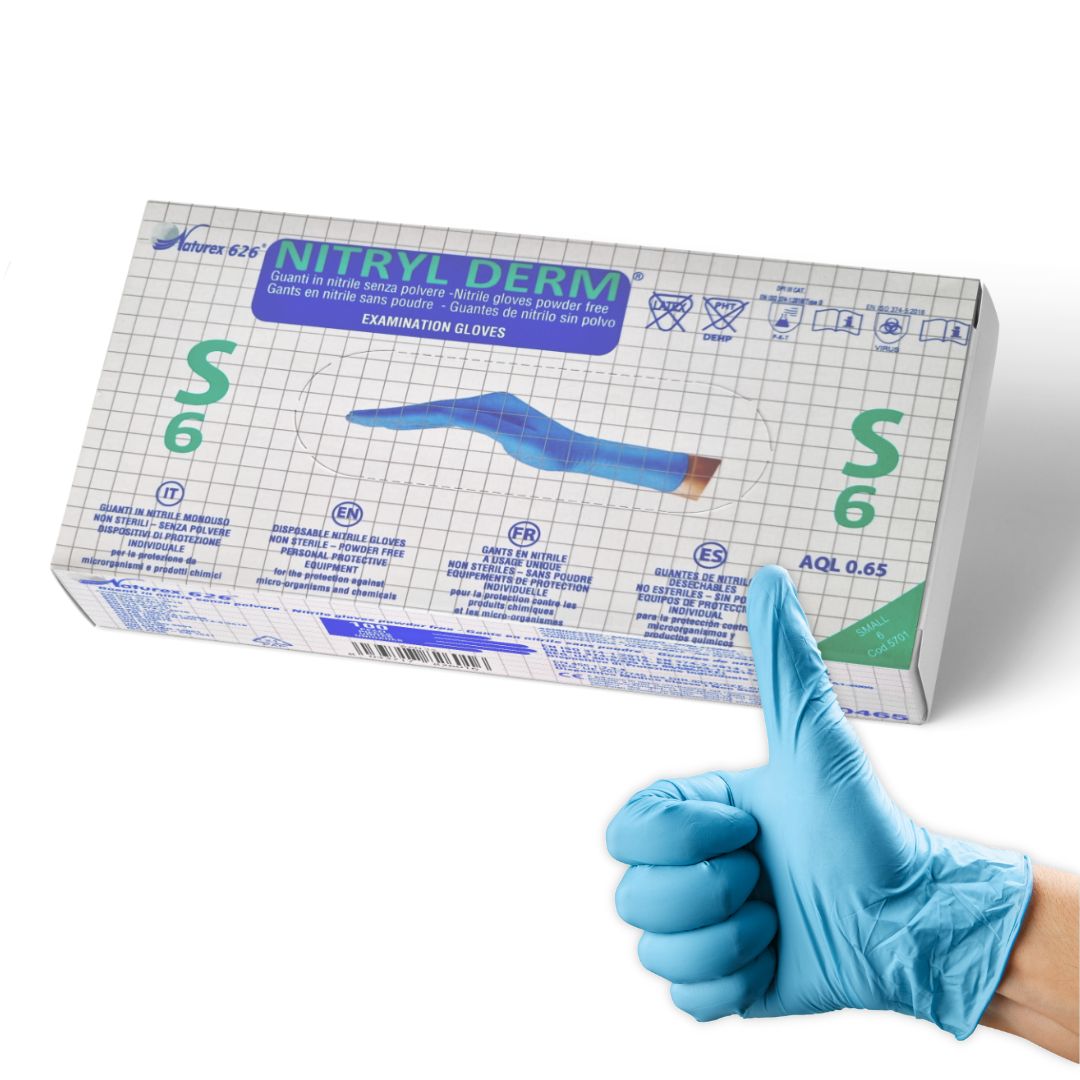 Guanti in Nitrile Blu Monouso da Lavoro Medici. Privi di Lattice e Polvere Talco. Confezione 100 pz Taglie S - M - L
