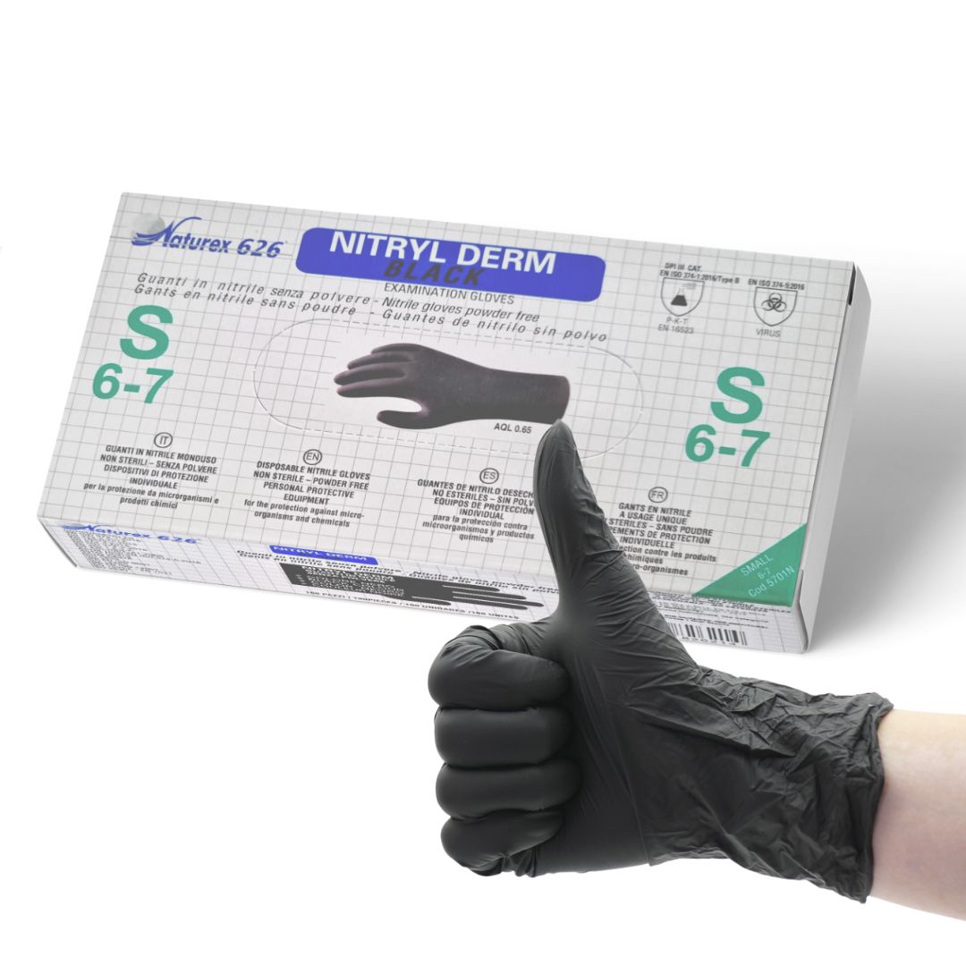 Guanti in Nitrile Nero Monouso da Lavoro Tattoo Estetica. Privi di Lattice e Polvere Talco. Confezione 100 pz Taglie S - M - L