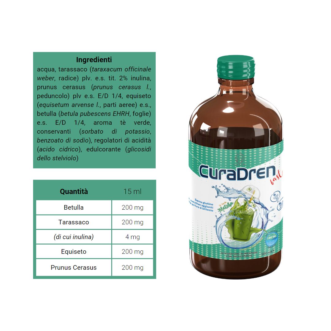 CuraDren Fast 500ml Trattamento Drenante Depurativo Completo. Sciroppo Antitossine Snellente. Gusto Tè Verde Macha